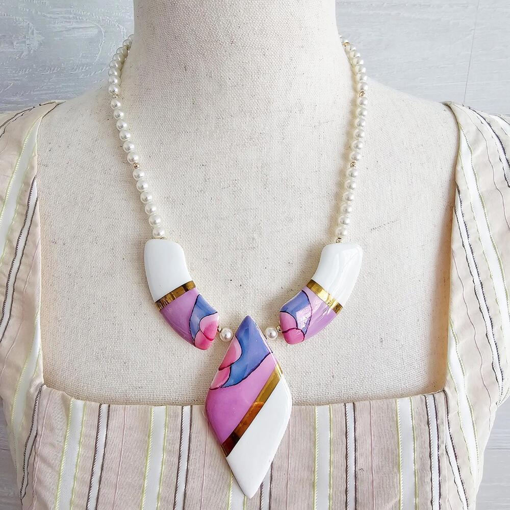 Vintage Faux Pearl Necklace with Large Ceramic Gilded Pink and Purple Beads